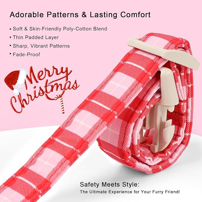 Plaid Dog Collar - Cute Red and Pink Plaid Puppy Collar with Safety Buckle, Soft Adjustable Holiday Dog Collars for Small Medium Large Dogs XL