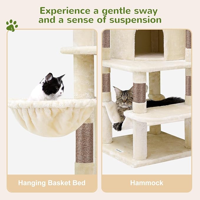 Globlazer 66inch Corner Cat Tree Tower for Indoor Large Cats, C66, Beige | Space-Saving Stable Adult Cat Tower with 6 Scratching Posts, 2 Large Fan-shaped Condos & Top Perch, Hammock, Climbing Steps