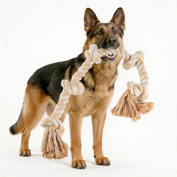 Bmag Dog Rope Toys for Aggressive Chewers, Interactive Heavy Duty Dog Toys for Medium Large Dogs, Tough Twisted Rope Toy with 5 Knots(Beige)