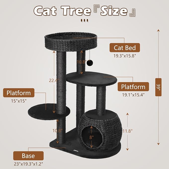 Black Cat Tree, 39" Tall Cat Tree Tower for Cats, Modern Cat Condo with Scratching Posts, Multi-Level Solid Wood Tower & Top Perch, Cat Furniture for Big Cats