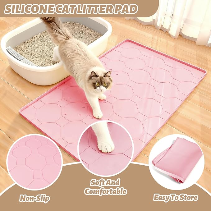 Silicone Cat Litter Mat, 34“ x 22” Waterproof Cat Litter Mats for Floors, Raised Edges Prevent Leaks and Make Cleaning Easy (Pink)
