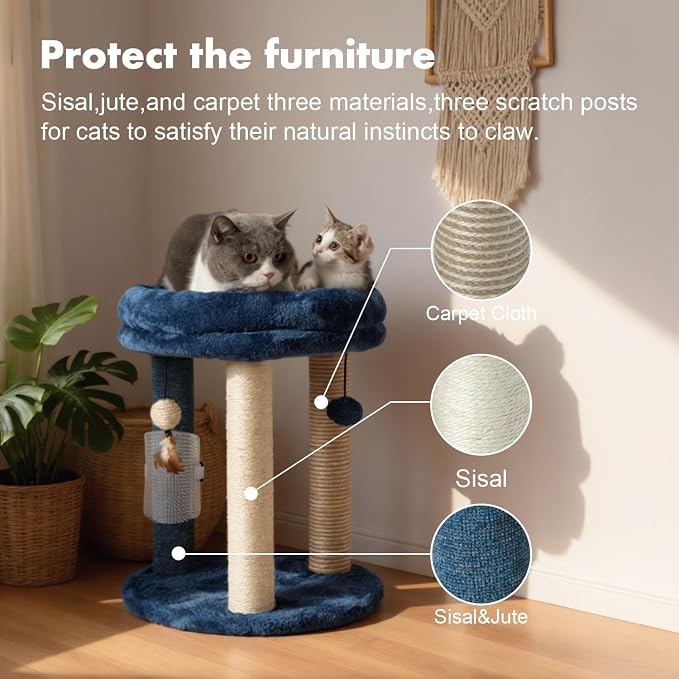 MECOOL Cat Scratching Post Tree with Tower Soft Bed.Natural Quality Sisal Carpet Jute Scratch Posts with Three Hanging Ball Toys and Massage Brush for Indoor Cats and Kittens Blue