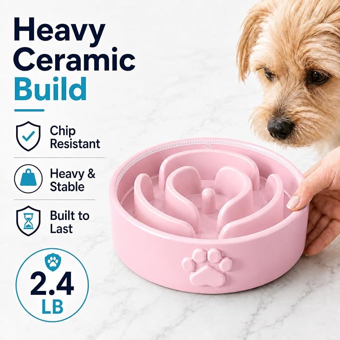 Slow Feeder Dog Bowls – 1.5-Cup Ceramic Dog Bowl Slow Feeder – Microwaveable Dog Slow Feeder for Small and Medium Dogs – Lead and BPA-Free Ceramic Pet Bowl – Pet Feeder for Fast Eaters