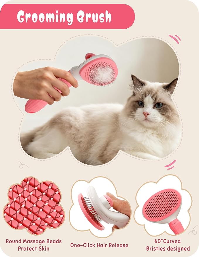 Dog Bathing Supplies Pet Grooming Set Kit, Bath Washing Gloves, Towels, Shampoo Bath Brush, Finger-Sleeve Toothbrush, Pet Washing Kit, Suitable for Dogs and Cats 9-Piece (Pink)