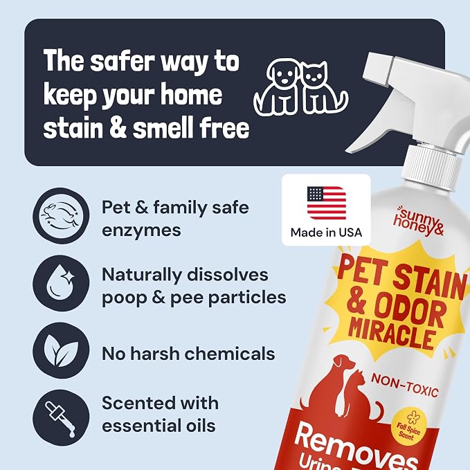 Sunny & Honey Pet Stain and Odor Remover Spray for Carpets, 32floz Spice | USA Made - Enzyme Cleaner for Dog Urine & Poop - Eliminates Set In Stains - Color Safe - For Rugs, Furniture & Car Seats