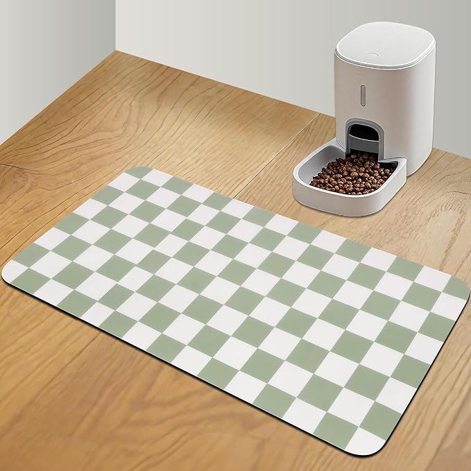CooRug Checkered Dog Food Mat, Pet Feeding Mat 32" L x 17" W, Green | Absorbent, Leak-Proof, Anti-slip, Quick Dry, Eco-friendly Materials, Easy to clean and store, For Messy Drinkers
