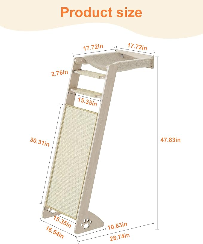 Cat Window Perch with Scratching Pad, 51'' Climbing Tree Include Hammock Cat Ladder with 2 Suction Cups for Sleeping, Playing and Watching Bird