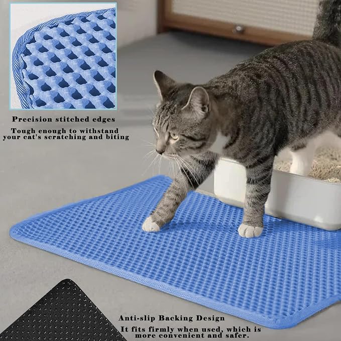 HCY&WLD Cat Litter Mat, Double Layer Cat Litter Box Mat (24x18 Inch, Blue) | Waterproof Urine-Proof Non-Slip Litter Trapping Mat, Soft on Kitty Paws, Scratch-Resistant, Scatter Control, Easy to Clean