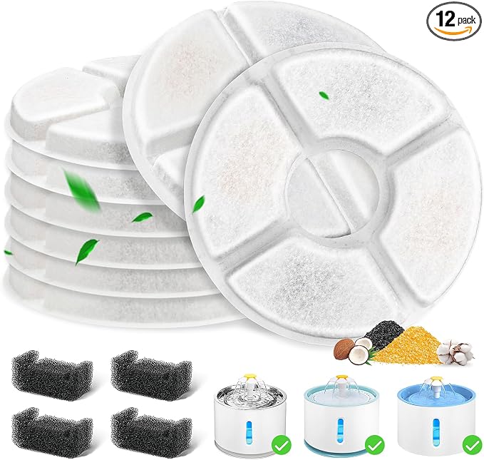 12 Pack Cat Water Fountain Filter, 8 Pcs Cat Fountain Filters Replacement Dia is 5" & 4 Pcs Pre-Filter Sponges for 81oz / 2.4L Round Automatic Pet Water Fountain Dog Dispenser, 3-Filtration System