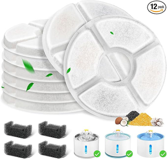 12 Pack Cat Water Fountain Filter, 8 Pcs Cat Fountain Filters Replacement Dia is 5" & 4 Pcs Pre-Filter Sponges for 81oz / 2.4L Round Automatic Pet Water Fountain Dog Dispenser, 3-Filtration System
