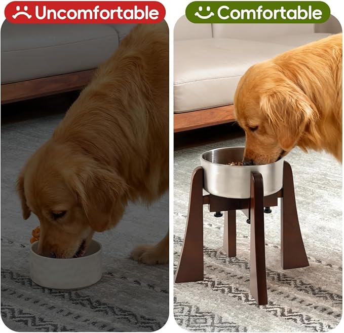 Solid Wood Elevated Dog Bowl Stand Set with Stainless Steel Bowl, 12-Inch | Raised Feeder with Adjustable Width Fits 6.3-7.8 Inch Dog Food Water Bowls, Non-Slip Base for Medium and Senior Dogs