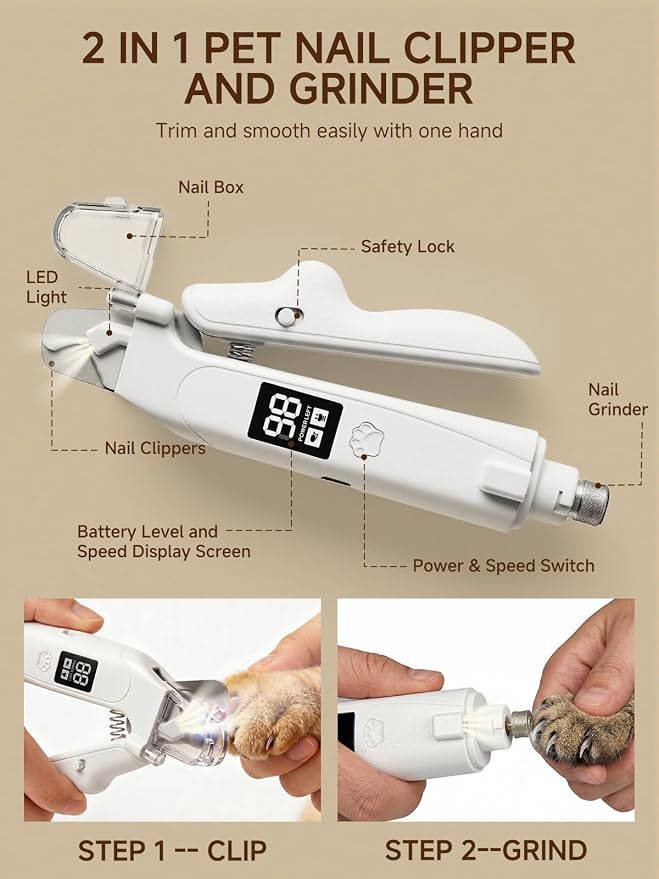 Dog Nail Clippers with Light, 2-in-1 Nail Clipper & Grinder Trimmer for Large Medium Small Dogs Cats, USB Rechargeable, Dual LED Quick Sensor & Safety Guard Portable Home Pet Grooming Tool