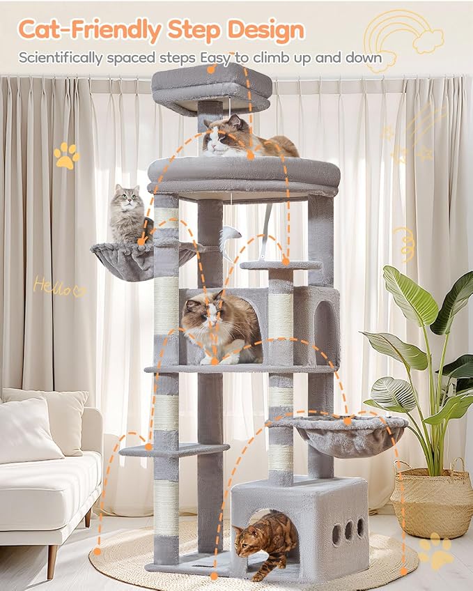Taoqimiao 71in Cat Tree, Heavy Duty Large Cat Tower for Indoor Cats MS050W | Extra Wide Sturdy Base, Tall Multi-level, 7 Sisal Scratching Posts, 2 Houses, 2-Post Supported Baskets, 2 Perches, Light Gray