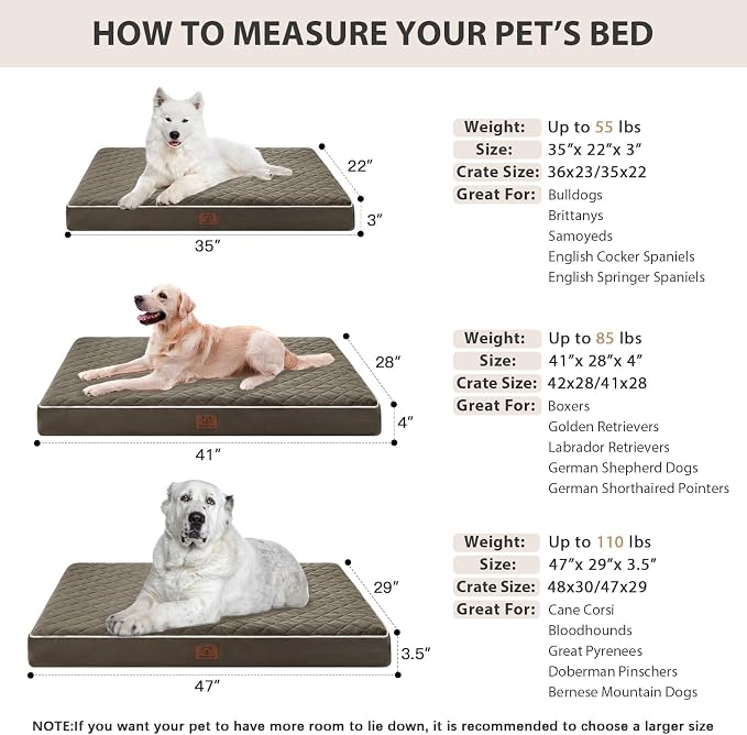 WNPETHOME Orthopedic Waterproof Large Dog Bed for Crate Cozy Sleep | Washable Large Pet Bed with Removable Cover, Multi-Needle Quilting Dogs Crate Beds Dark Green 35x22 Inch