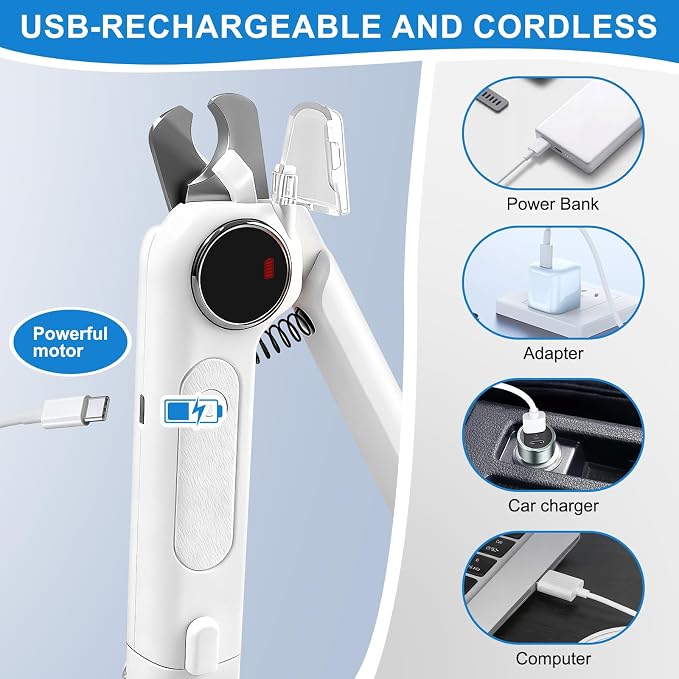 2-in-1 Dog Nail Clippers & Grinder with LED Light, Quiet Electric Pet Nail Trimmer for Small Medium Large Dogs & Cats, 3 Speeds, USB Rechargeable, Quick Sensor, Safety Lock & Splash Guard (White)