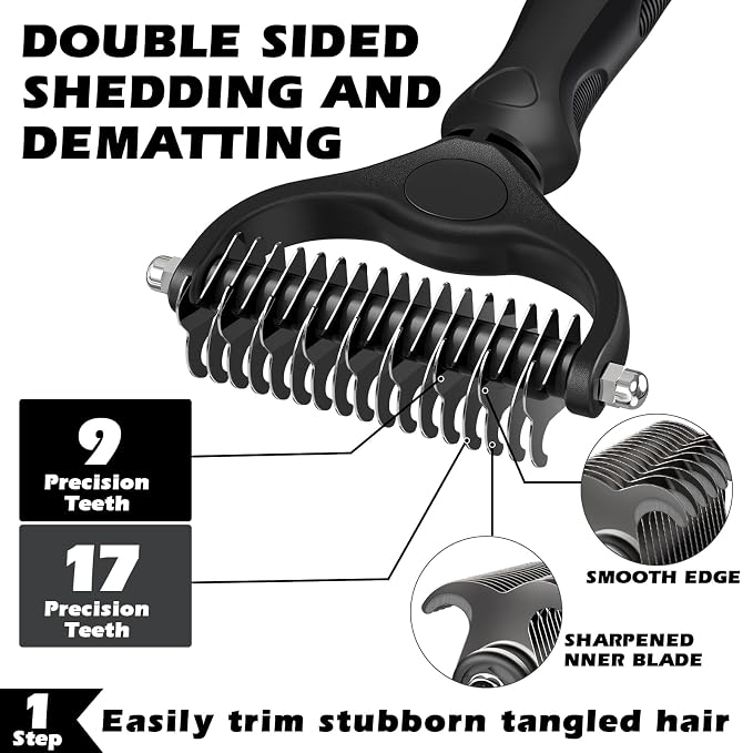 Professional 3PCS Self Cleaning Slicker Brush & Pet Grooming Rake & Flea Comb for Dogs,Cats and Horses | Double-Sided Dematting Comb & Skin Friendly Deshedding Grooming Tool | Pet Supplies (Black)