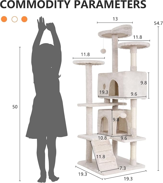 BestPet | 54" Cat Tree Tower | Beige | Sturdy Multi-Level Cat Tree | with Plush Condo, Cozy Perch, Sisal Scratching Posts, Hanging Toy and Stable Frame | Easy Assembly | for Kittens & Adult Cats