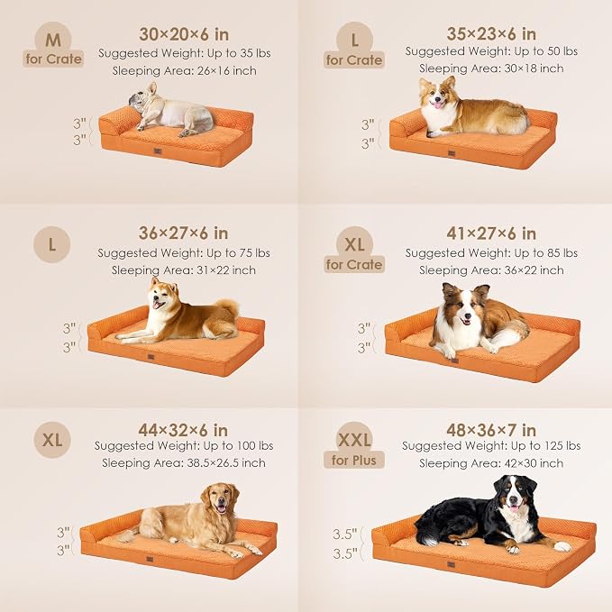 EHEYCIGA Large Dog Bed Memory Foam for Crate, Orthopedic Dog Bed Large Size Dogs with Washable Removable Cover, Waterproof Pet Sofa Couch with Nonskid Bottom, 35x22x6, Pumpkin