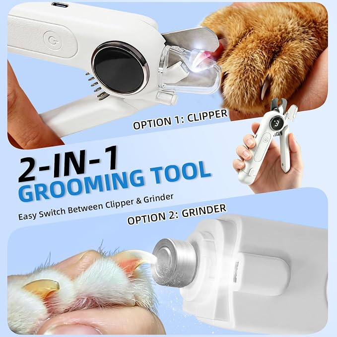 2-in-1 Dog Nail Clippers & Grinder with LED Light, Quiet Electric Pet Nail Trimmer for Small Medium Large Dogs & Cats, 3 Speeds, USB Rechargeable, Quick Sensor, Safety Lock & Splash Guard (White)