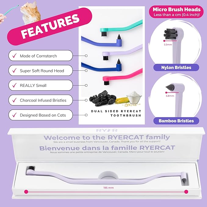 RYERCAT Lavender Dual Sided Cat Toothbrush - Only 8mm Wide to fit into Cat's Mouth - Cat Dental Supplies