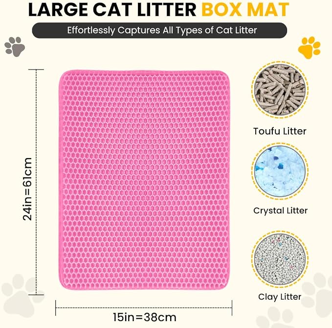 Andalus Brands Medium Cat Litter Mat - Waterproof & Urine-Proof Litter Box Mat, Non-Slip Kitty Litter Mats for Floor, Easy to Clean Litter Trapping Design (24" x 15", Pink)