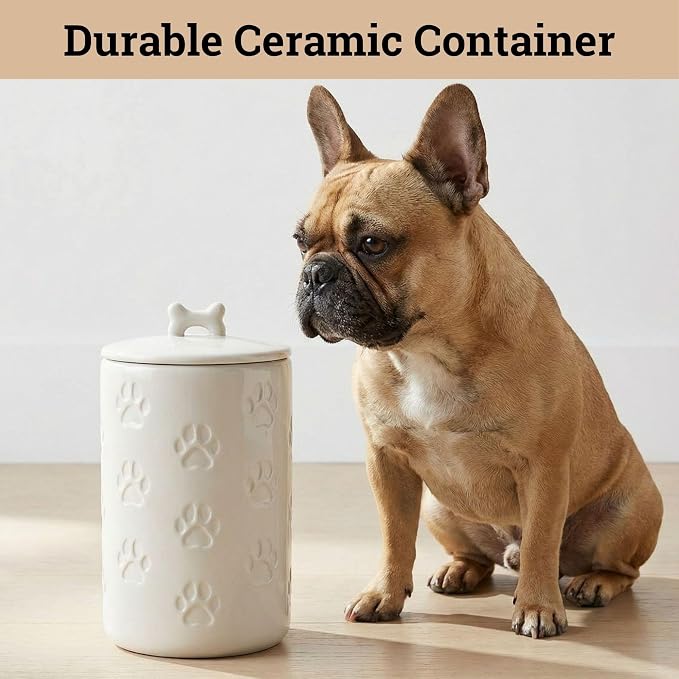 Dog Treat Container Airtight, 5"W x 9"H, Ceramic 7 Cups Big Treats Canister | Sturdy Durable Ceramic, Airtight Ceramic Lid, Fits All Popular Treats, Food Safe, Cute all-over Paw Prints and Bone Handle