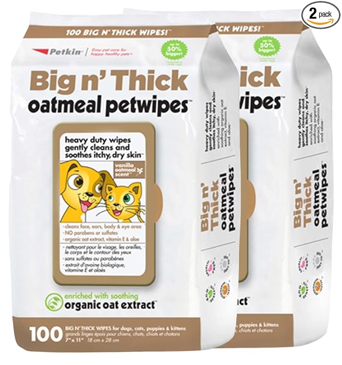 Petkin Pet Wipes for Dogs and Cats, 200 Wipes (Large) – Oatmeal Pet Wipes for Dogs and Cats – Soothes Itchy Dry Skin and Cleans Ears, Face, Butt, Body and Eye Area – 2 Packs of 100 Wipes