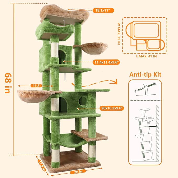 68 Inches Multi-Level Large and Tall Cat Tree Tower for Indoor Cats/Removable Pad/Cat Condo/Sisal Scratching Posts/Hammock/Cat Activity Center/Wide Base Green