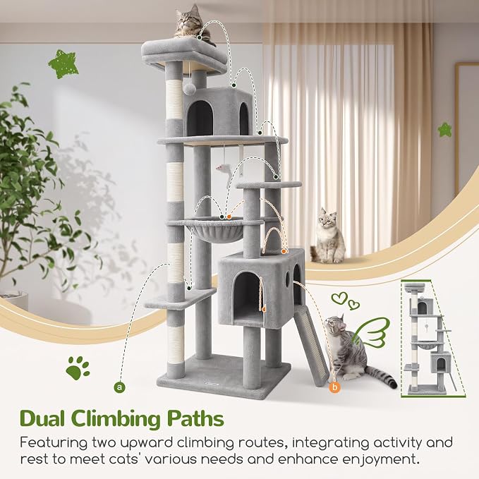 Globlazer Heavy Duty Cat Tree, 70 inch Sturdy Cat Tree for Indoor Cats Extra Large Cat Tower with Scratching Post, Hammock, Cat Condo for Adult Cats Kittens, F70 Pro, Light Grey
