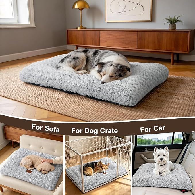 Dog Bed Crate Pad - Rosette Pattern White Velvet Pet Bed Anti-Slip Comfy Kennel Pad for Crates Rosette Grey L