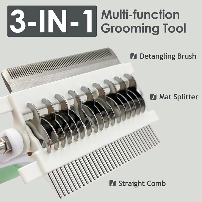 3-IN-1 Pet Grooming Brush, Undercoat Rake, Dematting Comb & Deshedding Tool | Green Shedding Control Tool for Long Haired Dogs and Cats, Tangles & Loose Fur, Reduces Shedding & Prevents Hair Mess Removal