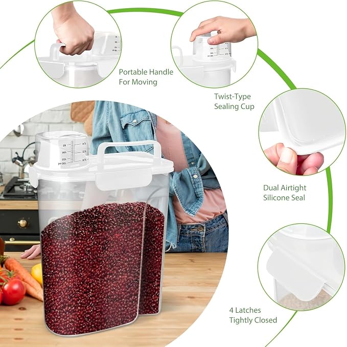 Viretec Rice Storage Container, 15 to 20lb Dry Food Airtight Dispenser, Pet Dog Cat Food Canister, BPA Free Clear Plastic Kitchen and Pantry Organization Bin for Oatmeal, Cereal, Pasta, Flour White
