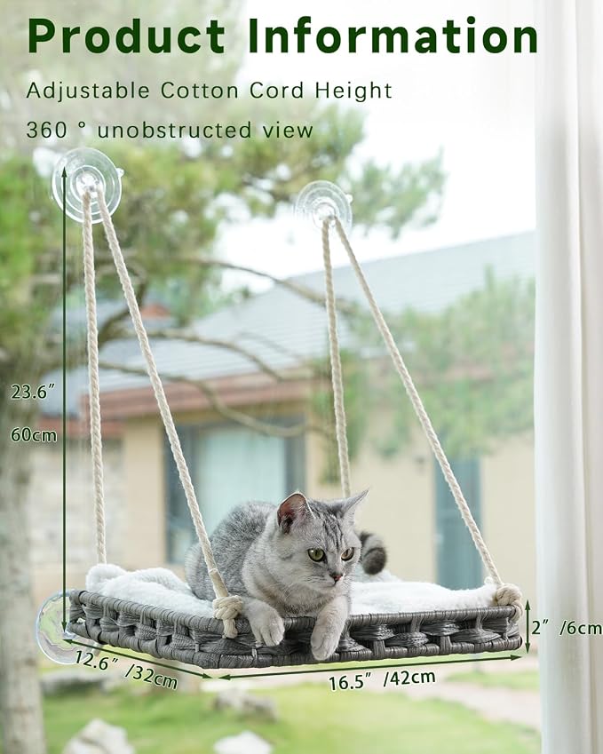 SETVSON Cat Window Perch, Cat Window Hammock Bed for Indoor Cats, Gray | Handwoven PE Rattan Window Seat, 4 Strong Suction Cups, Removable Cat Cushion, 2.3 Inch Fence Shelf, Easy Cat Hair Cleaning