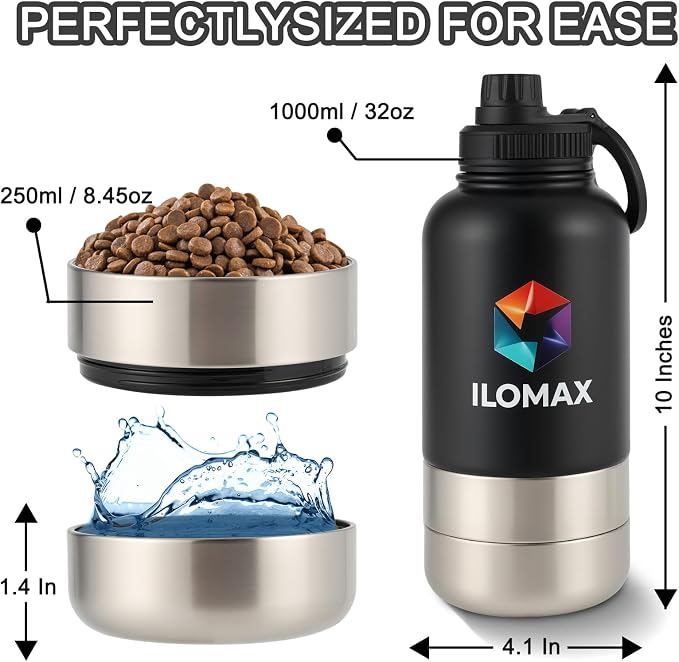 ILOMAX 3-in-1 Insulated Dog Travel Water Bottle, Stainless Steel, with Food & Water Bowls + Extra Magnetic Lid, Leak-Proof, Keeps Drinks Cold 12H/Hot 6H, Portable Hydration, 32oz (Black)