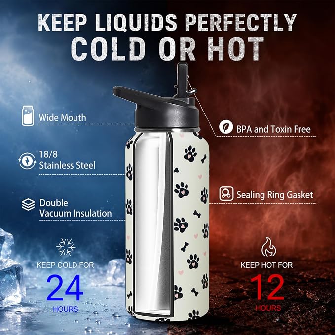 32oz Dog Paw Insulated Water Bottle with Straw, Gym Hiking Sports Coffee Mug Cup, Dog Paw Gifts for Women Decor Accessories