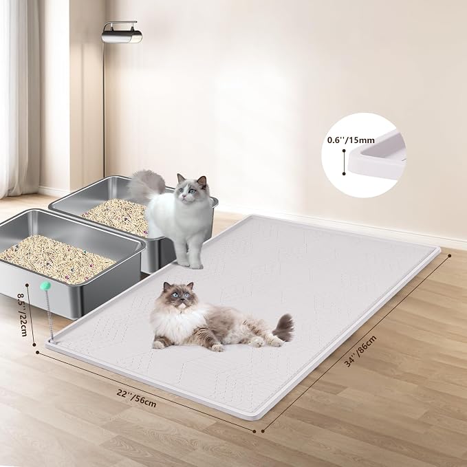 Silicone Cat Litter Box Mat 34'' x 22'' Cat Mat with Toy, White | Extra Large Litter Mat with lip, Non-Slip Waterproof Cat Litter Mat Litter Trapping Mat for Floor, Easy to Clean