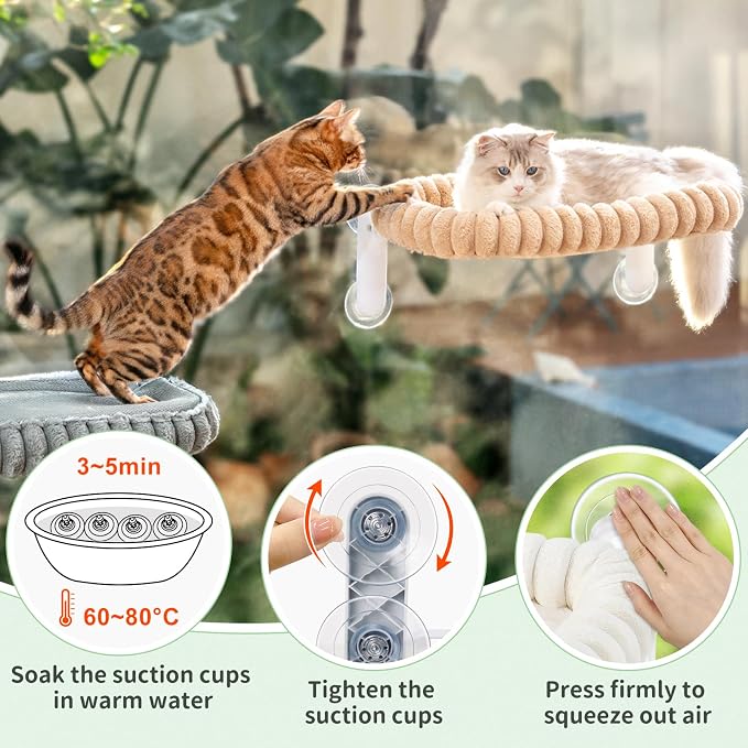Sunhoo Foldable Cat Window Perch, Large Suction Cup Kitty Hammock, Tan | Windowsill Pet Bed for Cats Inside, Cordless Kitten Seat Supports 40 lbs, Soft Reversible Plush Cushion, Machine Washable