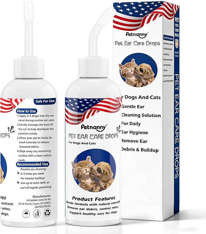 Petnanny Dog Ear Cleaner,Cat Ear Cleaner Drops, Pet Ear Cleaner Gentle Care | Cat Ear Drops with Silver Ion & Botanical Extracts, Non-Stinging Dog Ear Wash, Soothes Itchy Ears & Gently Clear Wax & Debris