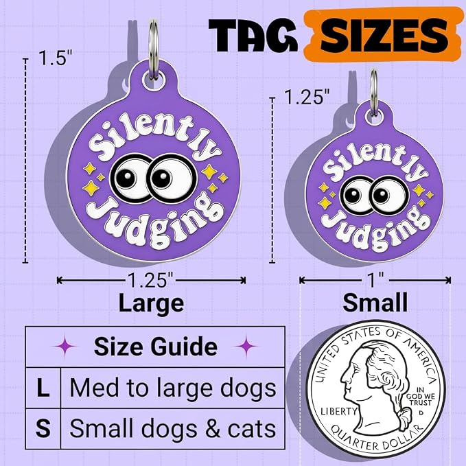 Bad Tags Personalized Dog and Cat ID Tags in 25+ Designs and 2 Sizes - 5 Lines of Custom Engraved Text - Funny Cute Personalized Pet Tags (Silently Judging - Purple, Small (1 inch))