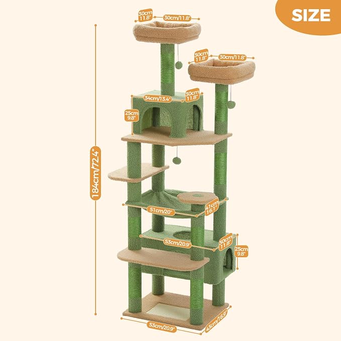PAWZ Road 72" Cactus Cat Tree Tall Tower with Hammock&Condo for Large Cats | 20"×16" hammock for adult cats, tall cat tower with 7 scratching posts&pad, 2 large condos&top perches for multi-cats