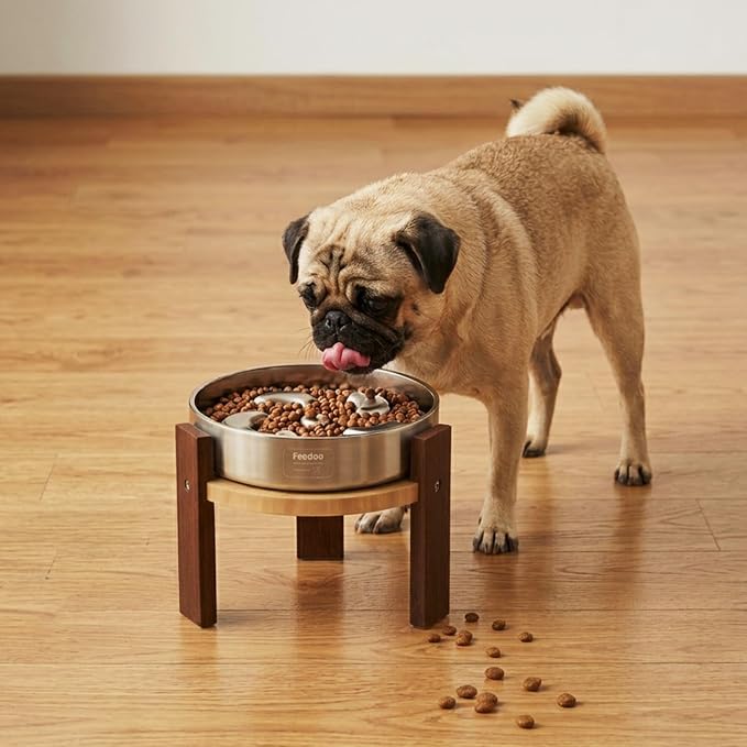 Feedoo Elevated Dog Bowl Stand, 6'' Height Raised Stand for Medium Dogs, Includes 2Cups Stainless Steel Slow Feeder Dog Bowl, Durable Solid Hardwood