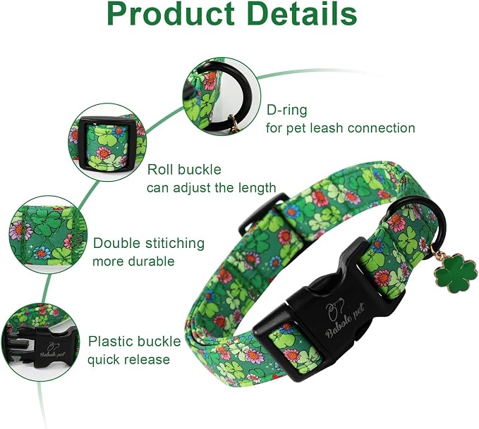 St Patricks Day Dog Collar for Large Dogs - Lucky Flower Shamrock Green Dog Collars, Cute Irish Clover Puppy Collar with Quick Release Buckle for Girls&Boys Dogs L