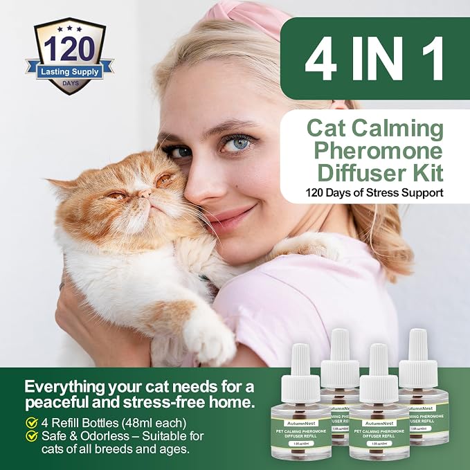 Cat Calming Pheromone Diffuser Refills, 4 Pack Cat Calming Refills | Helps Relieve Cat Anxiety, Reduce Stress, Aggression, Fighting, Spraying, Scratching, Vet Visits, Travel, Multi-Cat Homes