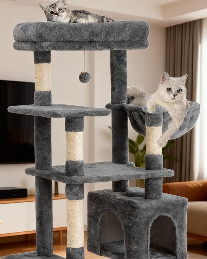 54 Inches Cat Tree, Tall Cat Tower with Hammock, Condo and Scratching Pad, Cat House with Plush Perch for Indoor Cats Adult