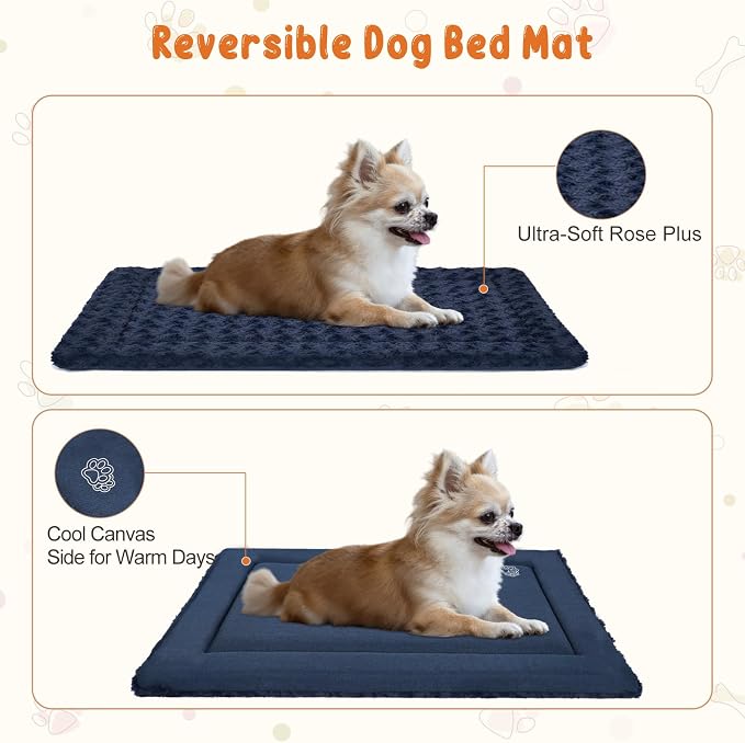 EMPSIGN Dog Crate Pad for 48"x30" Dog Crate, Plush/Canvas Navy | Reversible Kennel Mat (Cool & Warm), Machine Washable, Cozy Plush Sleeping Pad, All-Season Pet Bed