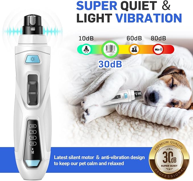 CADOLS Dog Nail Grinder & Clipper 2-in-1 Set - 25dB Ultra Quiet with 3 Grinding Wheels & 2 LED Lights, Rechargeable for Large/Puppy Dogs & Cats, 3-Speed Adjustable for Anxious Pets