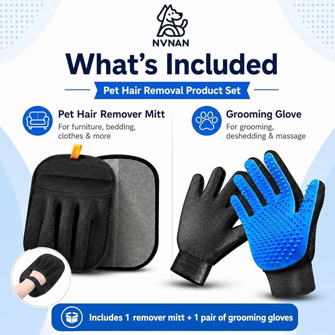 NVNAN 3 PCS Pet Hair Removal Glove and Pet Hair Remover | Groom pets and remove fur from clothes, bedding, car seats, and couches with reusable grooming and fabric gloves