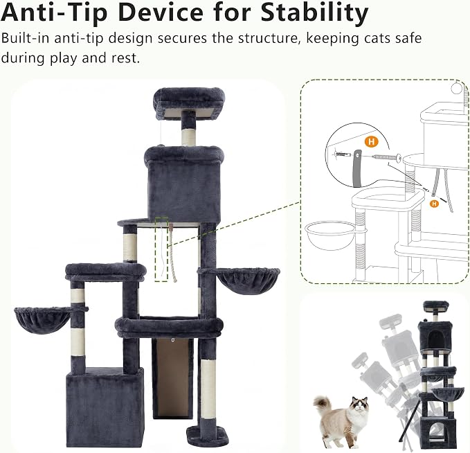 Heybly Cat Tree 72.4-Inch Anti-Tip Cat Tower with Spacious Perches HCT060G | All-in-One Cat Furniture for Large Cats, Multiple Interactive Areas, Extra-Large Sisal Scratching Board, Smoky Gray