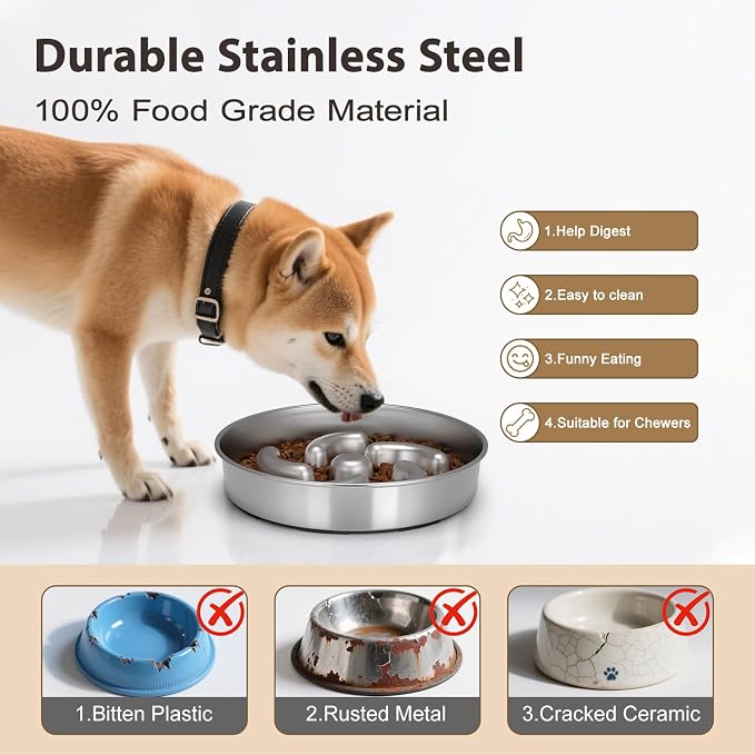 Slow Feeder Dog Bowl, 2 Cups Stainless Steel Heavy Duty with Non-Slip Base 8.7 inch Puzzle Maze Dog Food Bowls for Medium, Large Breed Size Dogs to Slow Down Eating