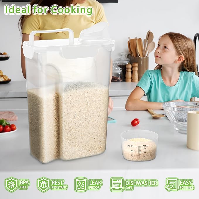 Viretec Rice Storage Container, 5 to 10lb Dry Food Airtight Dispenser, Pet Dog Cat Food Canister, BPA Free Clear Plastic Kitchen and Pantry Organization Bin for Oatmeal, Cereal, Pasta, Flour White
